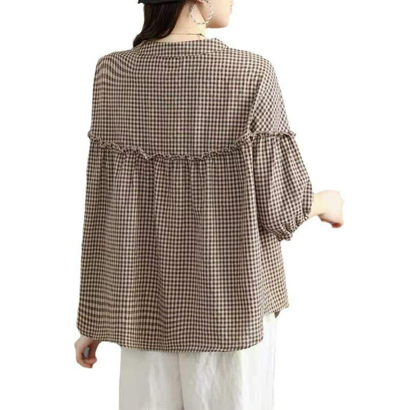 Imitation Cotton and Linen Shirt Women's Three-quarter Sleeve Loose Casual Large Size All-match Shirt Stand-up Collar Top