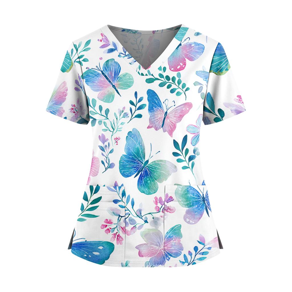 Women's floral print V-neck double pocket short-sleeved uniform/caregiver top with slits at the hem