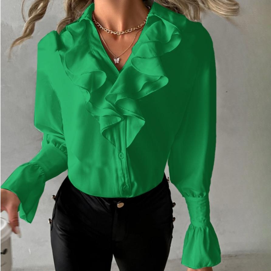 BITCED Women's Autumn Fashion Ruffle Long Sleeve V-Neck Solid Colour Ladies Shirt Blouse