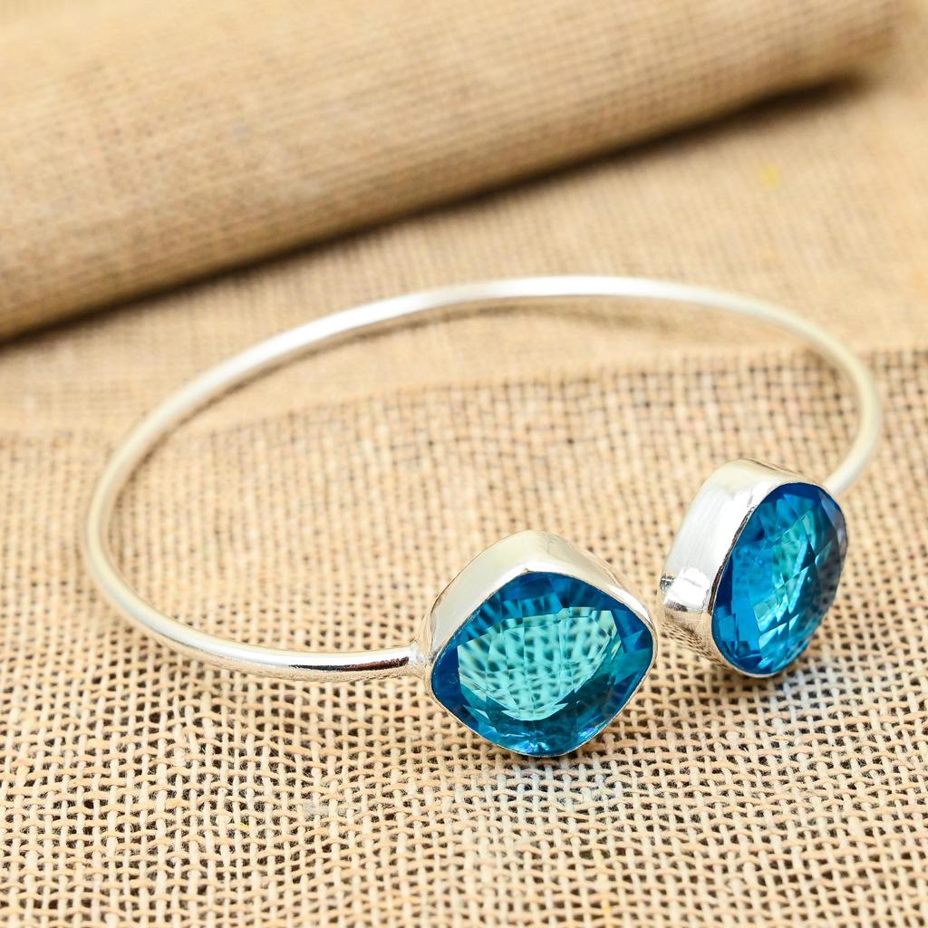 Pretty Blue Topaz Gemstone Handmade 925 Solid Sterling Silver Adjustable Bangle For Wedding Gift