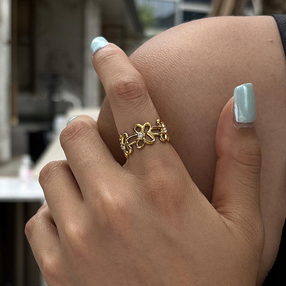 Hollow Floral Open Cuff Ring Stainless Steel 18K Gold Plated Dainty CZ Statement Ring for Women Gift