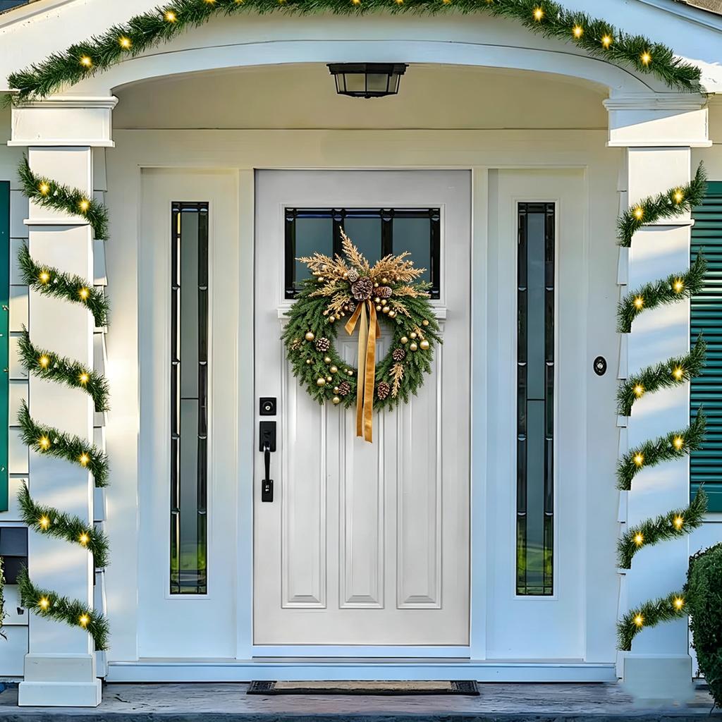 60CM Artificial Christmas Wreath with Pine Cones Bells and Decorative Bow for Door Wall Fireplace Hanging Seasonal Home Decoration