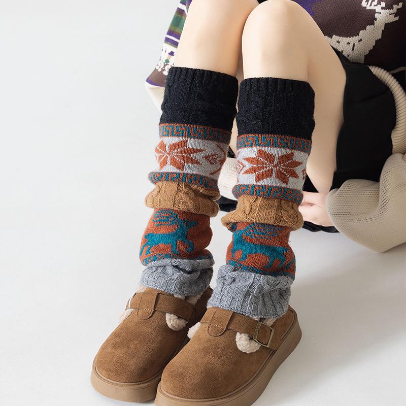 British Retro Wool Knit Scrunched Snowflake Reindeer Christmas Leg Warmers