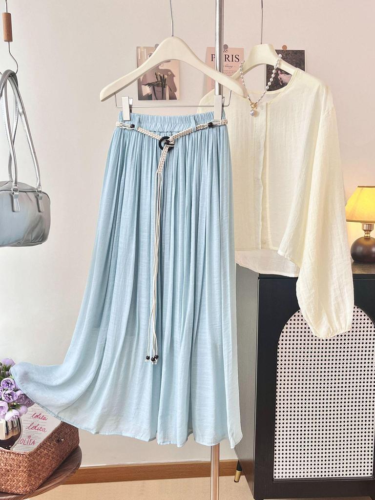 Bohemian High-Waisted A-Line Midi Skirt with Belt - Women's Flowing Slim Summer 2026 Style