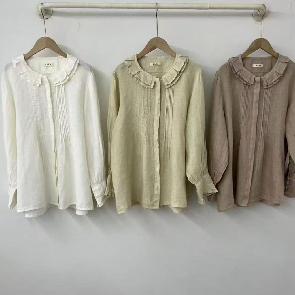1116 Autumn New Women's Linen Lotus Leaf Collar Top Cardigan ins Shirt Shirt Long Sleeve