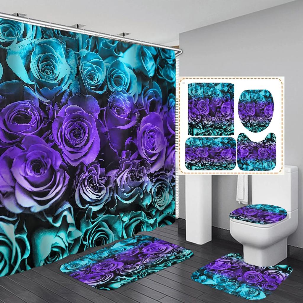Valentines Shower Curtain Set Romantic Red Rose Flowers And Wine Shower Curtain Set With Non-Slip Rug Toilet Lid Cover Bath Mat