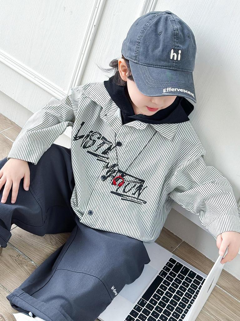 2026 Spring/Autumn Striped Faux Two-Piece Hooded Shirt for Boys & Girls - Trendy, Versatile Long-Sleeve Top