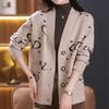 Women's V Neck Printed Knitted Cardigan Autumn Winter Loose Thick Plus Size Sweater Jacket