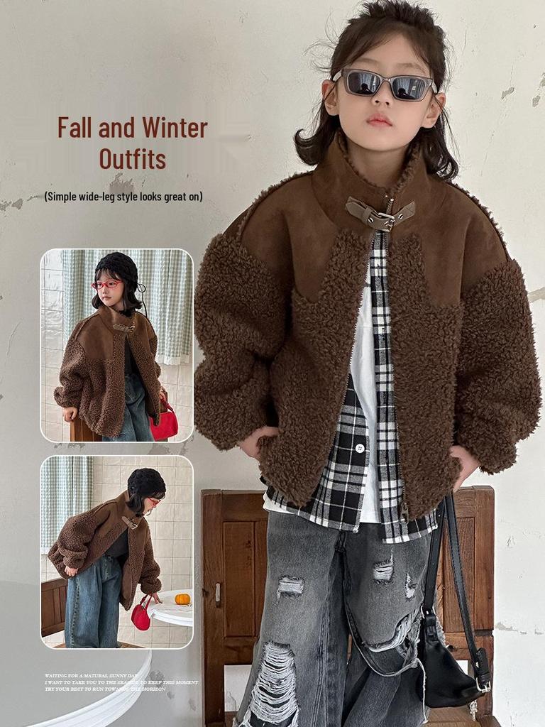 Korean Style Retro Lambswool Biker Jacket for Kids, 2025 Autumn/Winter