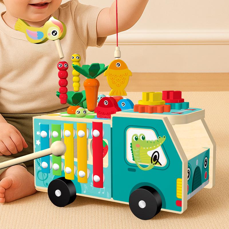 Kids Multi-functional Educational Toy Car: Farm, Building Blocks, Fishing Game, Xylophone, Shape Matching & More