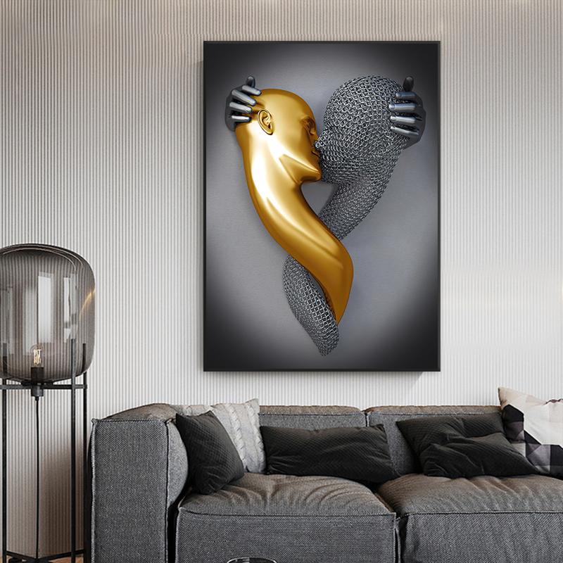 Gold and Silver Figure Statue Canvas Painting Poster Prints Romantic Lovers Pictures Modern Wall Art Home Decor