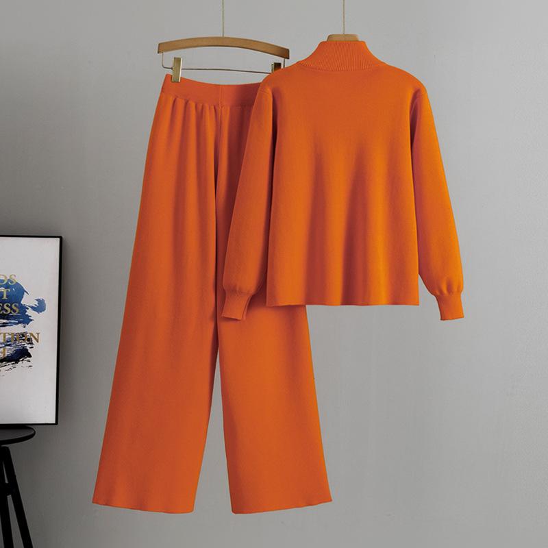 French Zipper Fashion Suit Women's Clothing 2025 Autumn and Winter New Knitted Cardigan Wide-leg Pants Two-piece Trendy