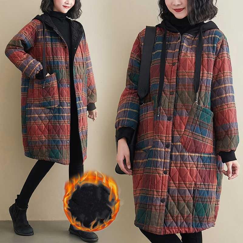 Zimní dámské oblečení Bunda s kapucí a vycpávkou Parka Móda Kostkovaná Kabátová bunda střední délky Udržujte v teple Volný Volný čas