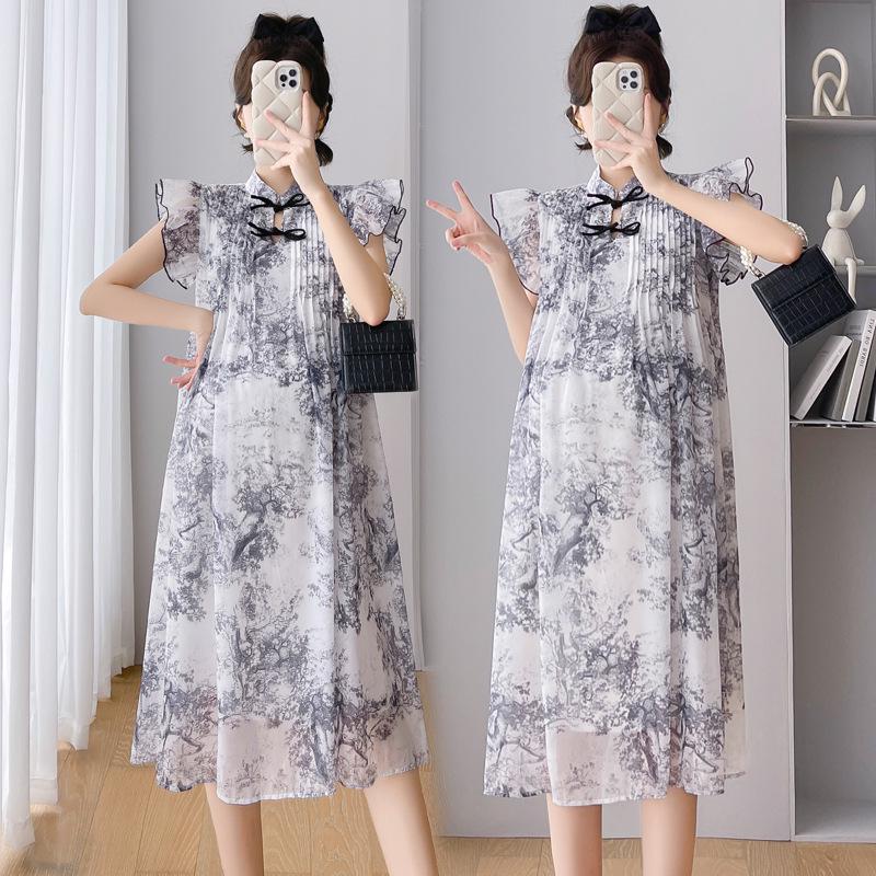 Summer Chinese-Style Ink Painting Flutter Sleeve Maternity Dress L