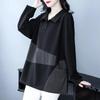 Bawełniany Top Damski Plus Size z Długim Rękawem, Patchworkowy Kołnierzyk, Luźna Bluza, T-shirt Casualowy Wszechstronny dla Puszystych Mam