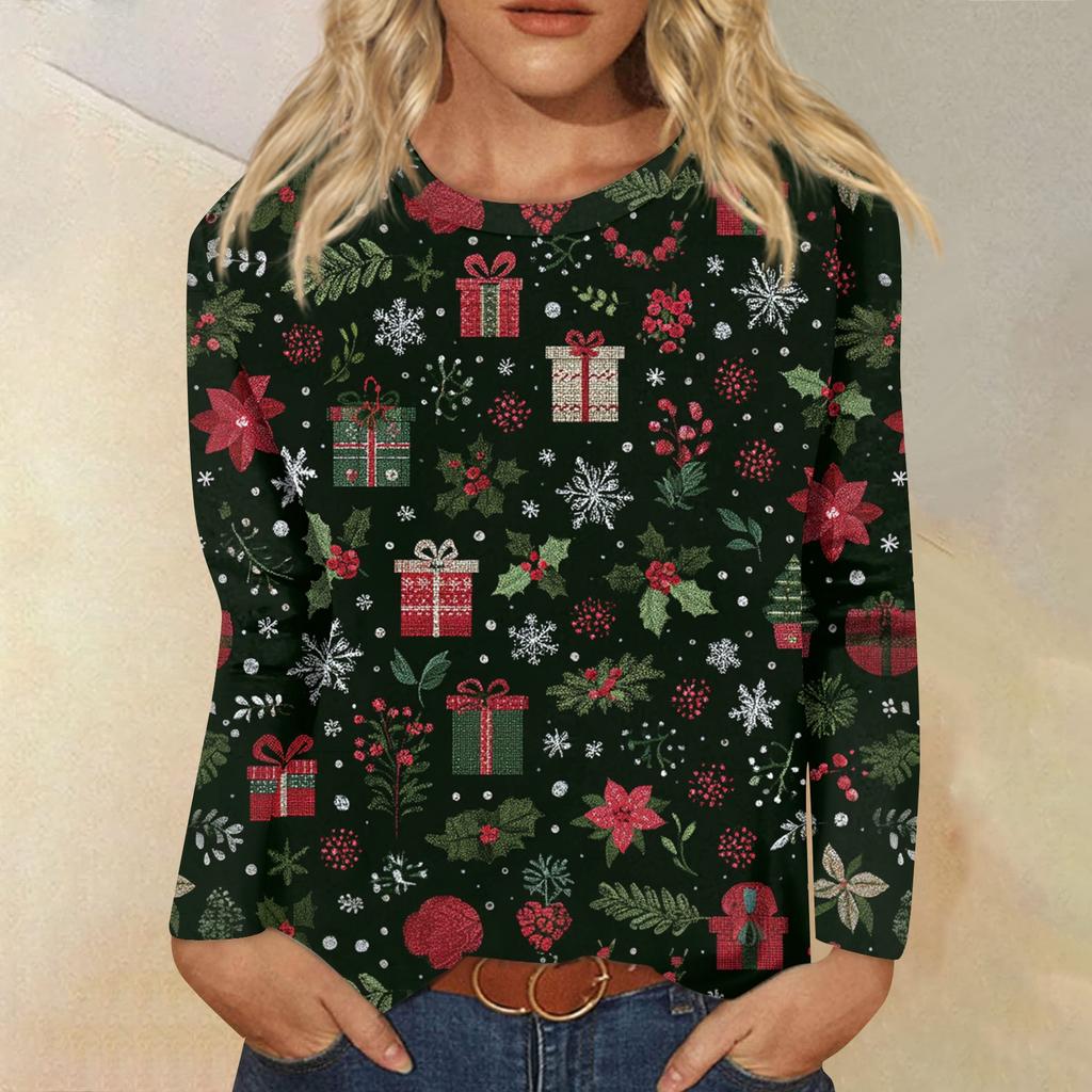 Women's Fashion Casual Long Sleeve  Print Round Neck Top