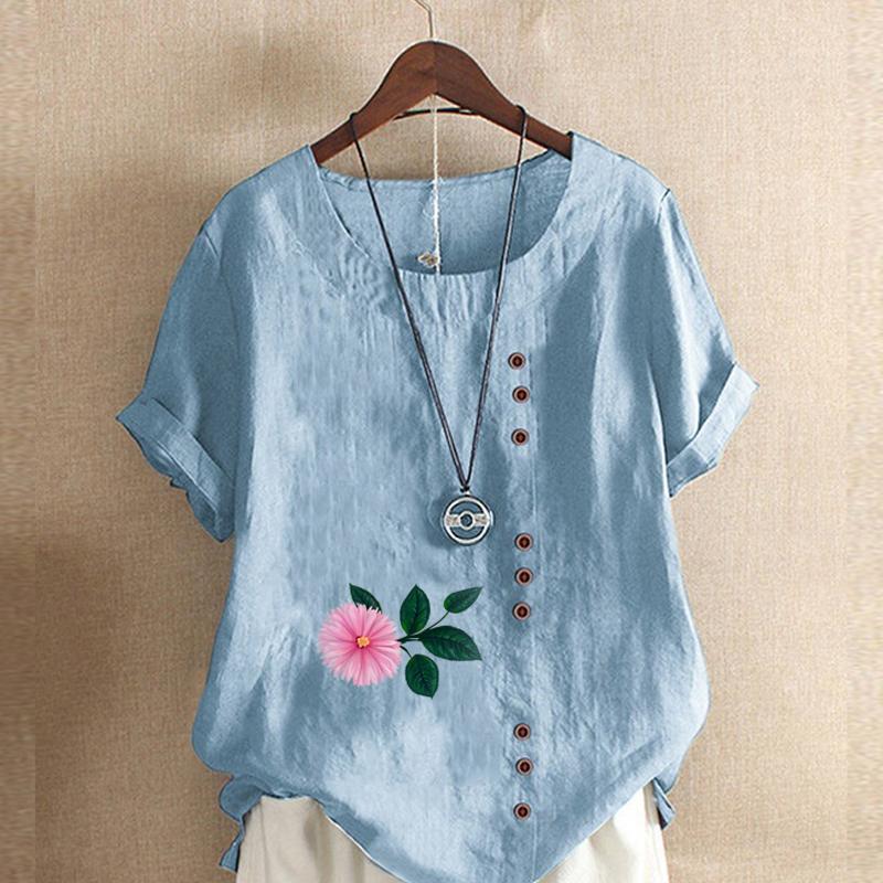 Damen T-Shirt mit Rundhalsausschnitt, kurzärmelig, Blumenmuster, Leinenhemd, Sommer, lässig, Übergröße