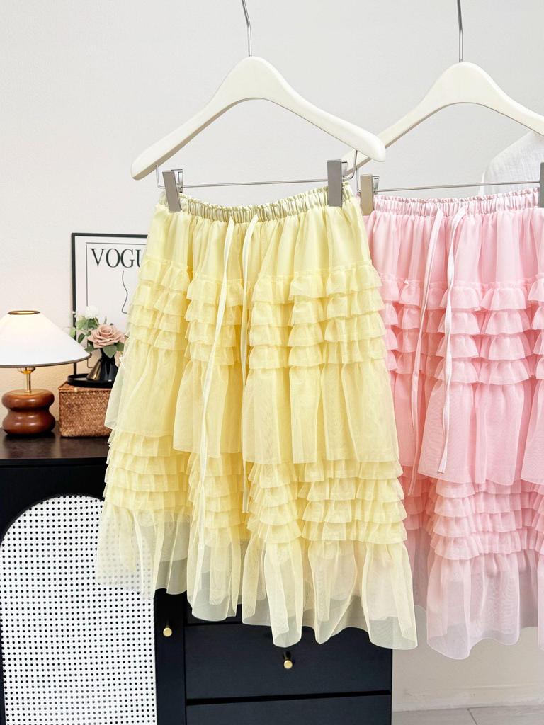 Korean Style Ruffle Mesh Layered Skirt - Women's Puffy Mid Skirt for Spring/Summer