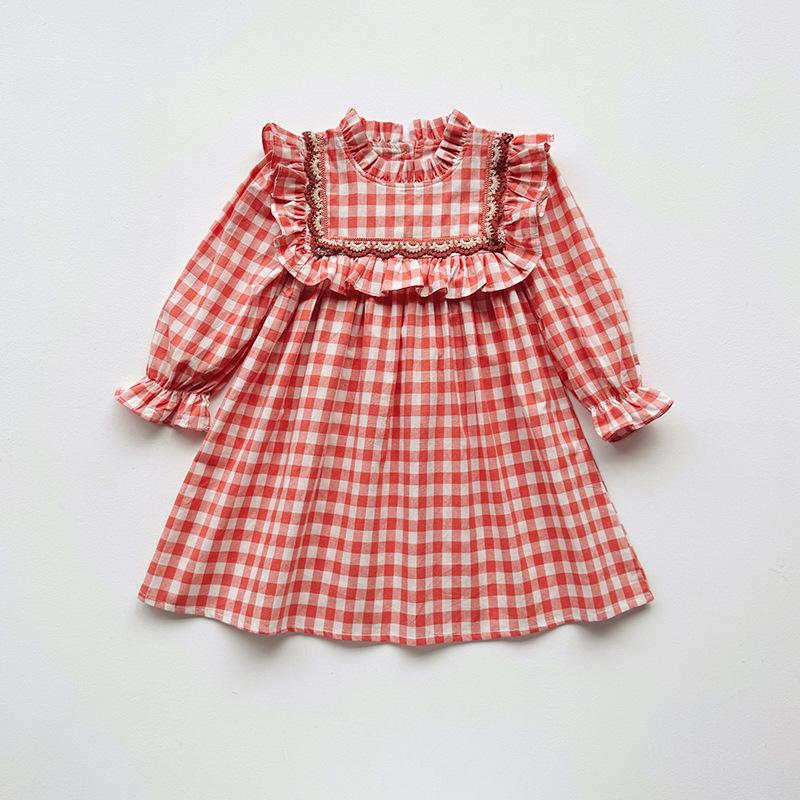 Korean Spring 2026 Plaid Dress for Girls - Lace & Lotus Leaf Collar, Long Sleeve Skirt