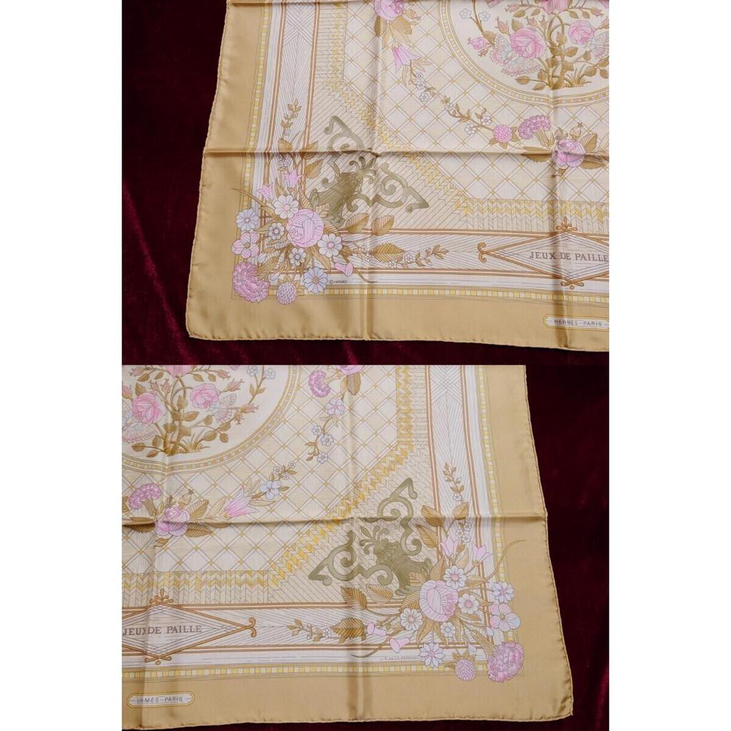 Used HERMES Carre 90 scarf JEUX DE PAILLE beige straw play floral wreath bird