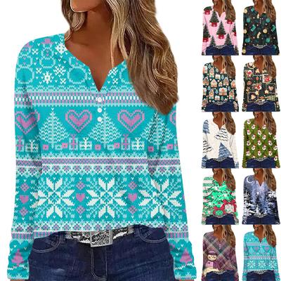 Women's Fashion Casual Floral Christmas Print V Neck Long Sleeved Button Up Long Sleeved Top
