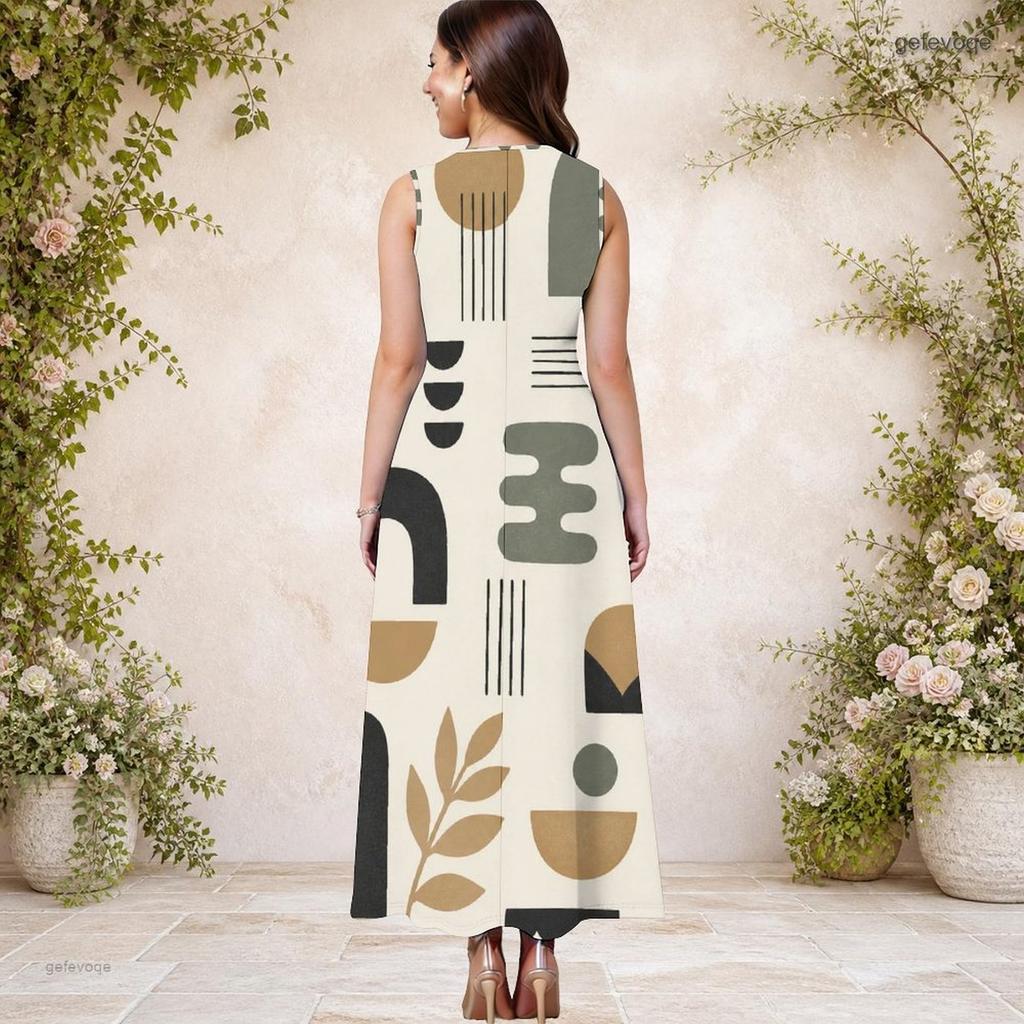 Women Plus Size Round Neck Sleeveless Black Grey Patchwork Print A Line Long Dress With Side Pockets