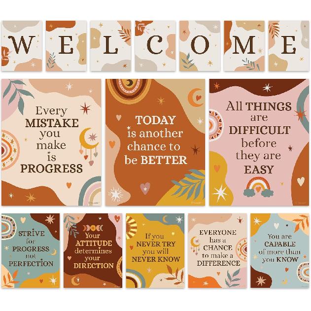 Decorably 15 Chalkboard Welcome Back to School Bulletin Board Decorations, pirational, Matte-Laminated Posters - for Classroom, School Hallways