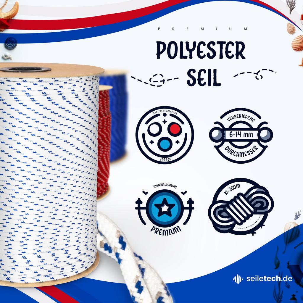 Polyester Rope | 10mm | 20m | Red with White Spots | Sheet Rope | Cord | 16-Strand Braided | Good Grip