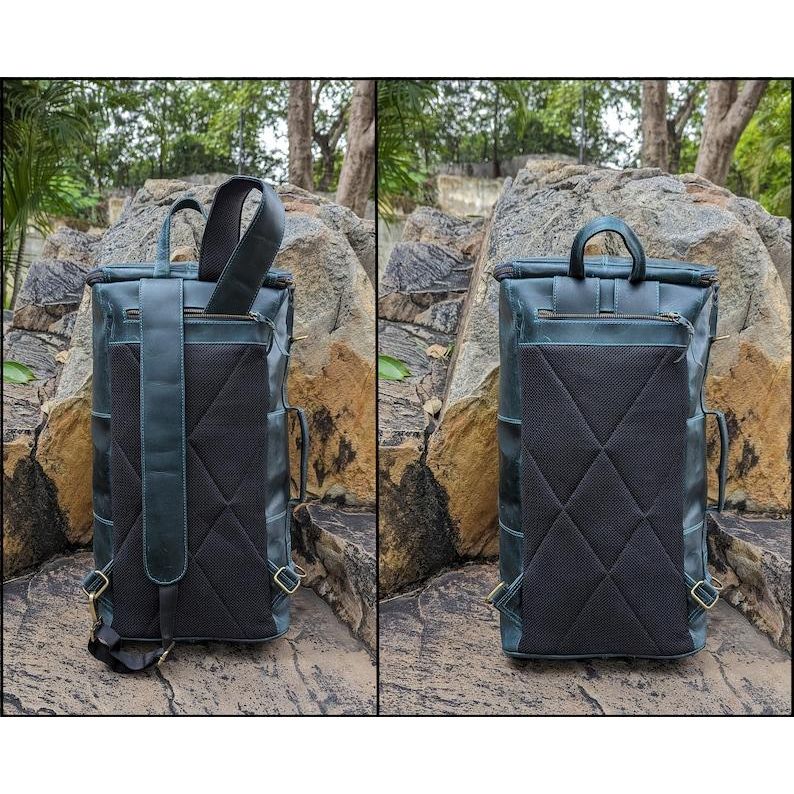 Leather Backpack, Travel Backpack Rucksack, Green Leather Roll Top Backpack, Laptop Bag, Unisex Bag for Valentines Gifts