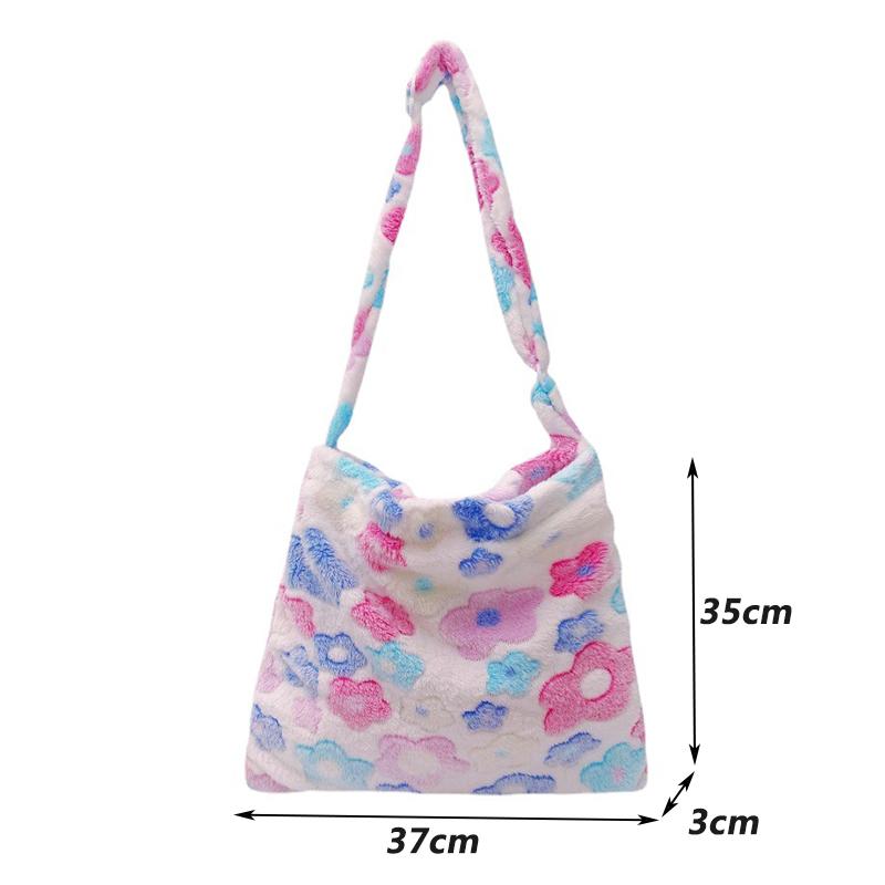 Yogodlns Genți de mână cu umăr cu flori de modă pentru femei Genți de cumpărături din pluș moale Genți de mână de mare capacitate pentru femei Genți de găleată pufoase și calde