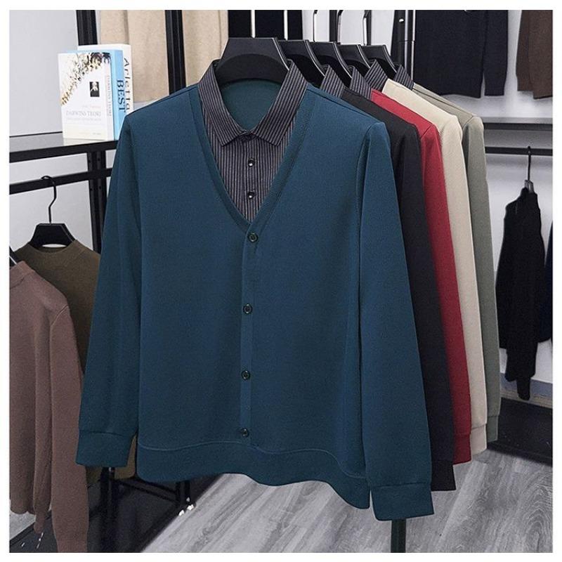 Men S Fake Two Piece Knit Sweater Shirt Collar Business Autumn Top