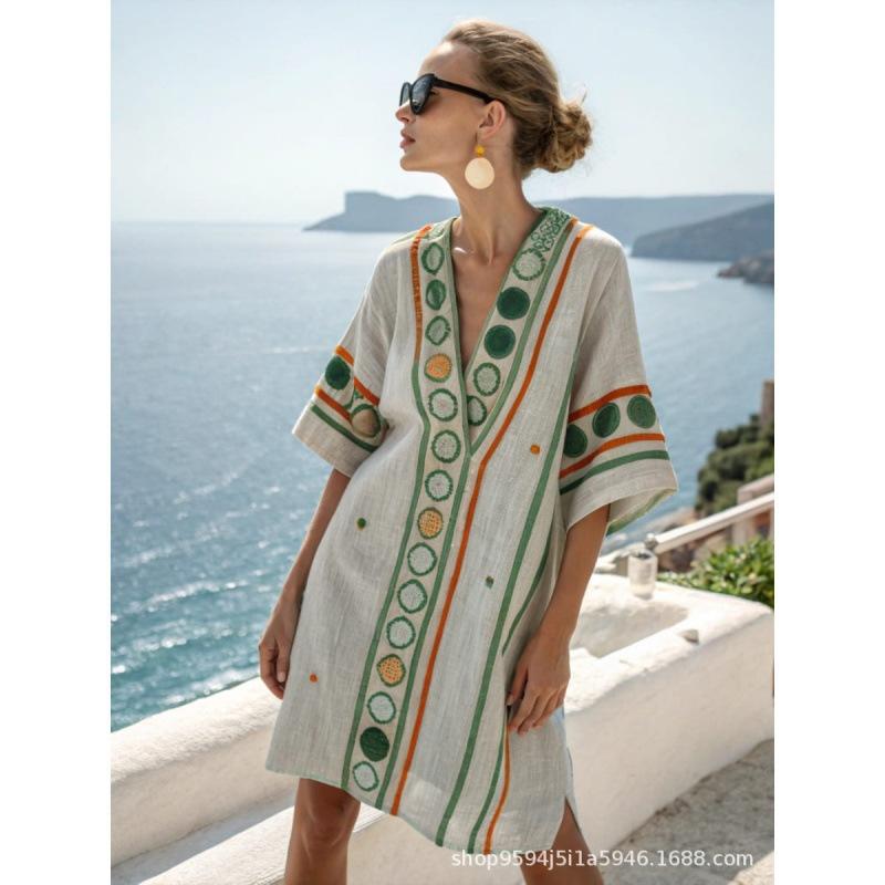 2026 women's V-neck dress seaside vacation 3D printing loose skirt beach