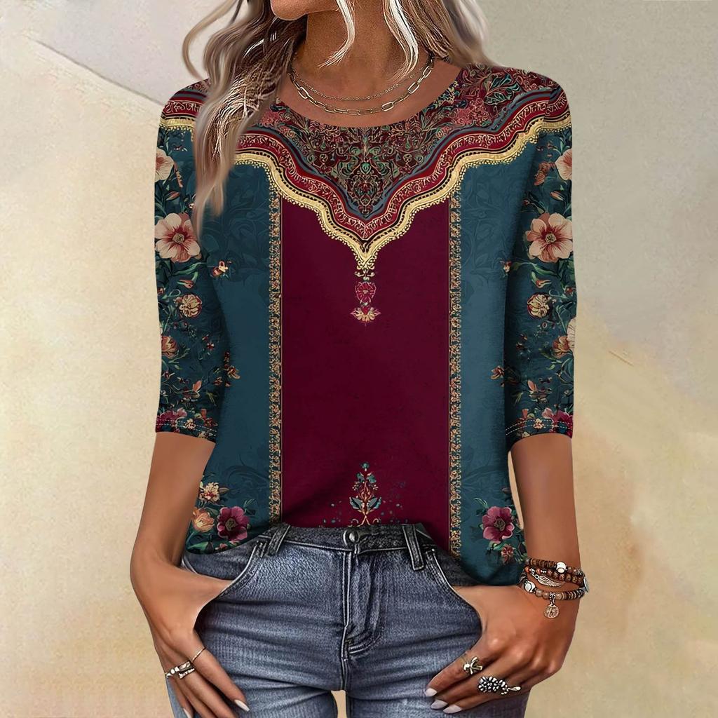 Trendy Vintage 3/4 Sleeve Top For Women,Ladies Casual Three Quarter Sleeve Round Collar Printed T-Shirt Blouse