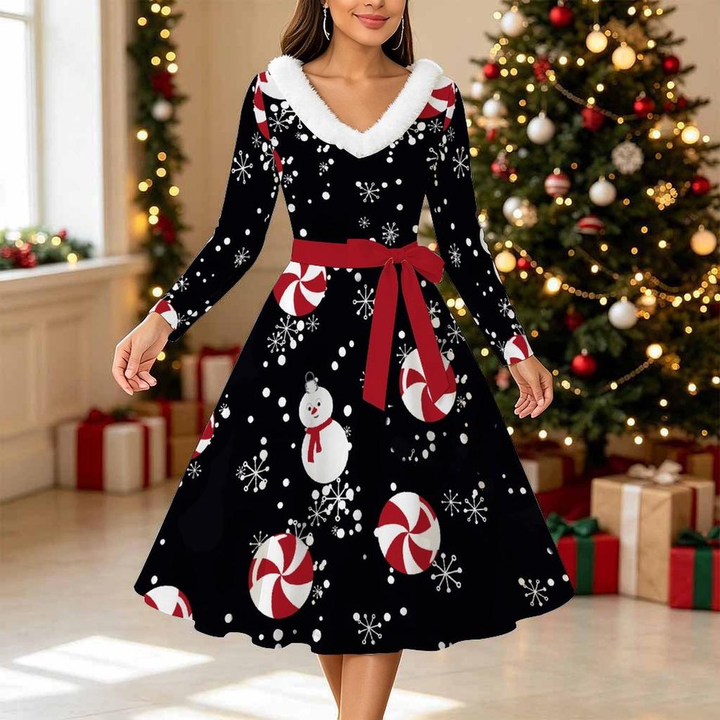Women Christmas Print Midi Dress, Long Sleeve V‑Neck Furry Trim A‑Line Party Dress, Christmas Limited Edition