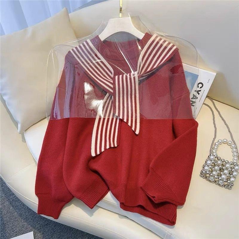 New Popular Round Neck Solid Color Scarf Knitted Sweater for Women Loose and Stylish Pullover Casual Sweater for Outdoor Wear