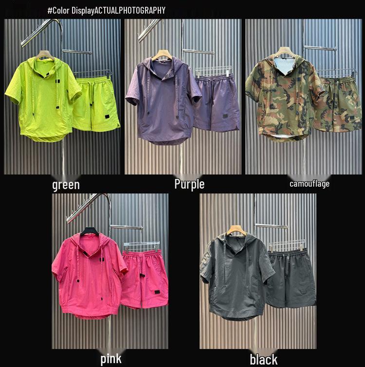 Men's Summer Casual Solid Color Two-Piece Sportswear Set - Hooded Pullover & Shorts