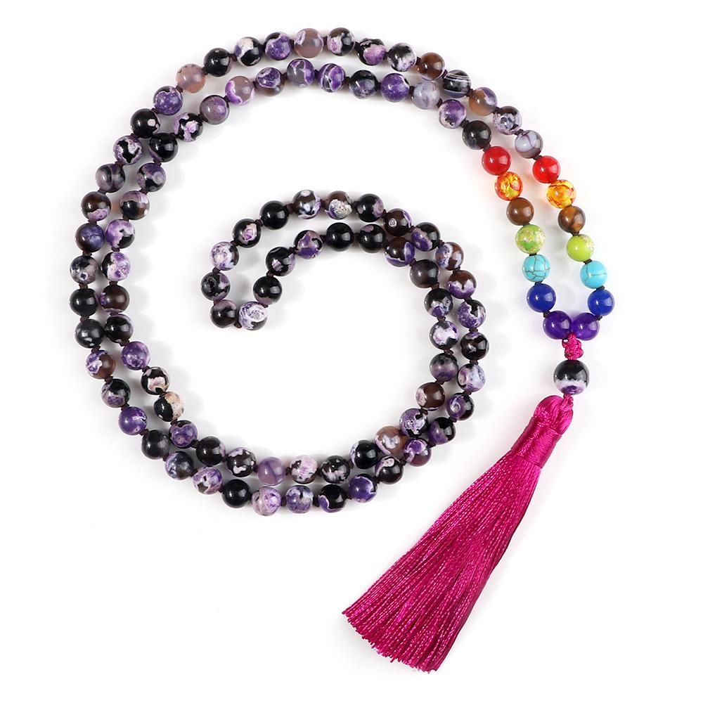 Creative 108 Beads Colorful Stone Necklace & 8mm Chinese Tassel Knot Bracelet