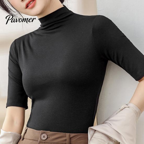 Pullover Top Summer Tops Turtleneck Solid Color Half Sleeve Slim Fit Smooth Women Shirt Wear Stretch Layer Comfy High Neck Daily Bottoming