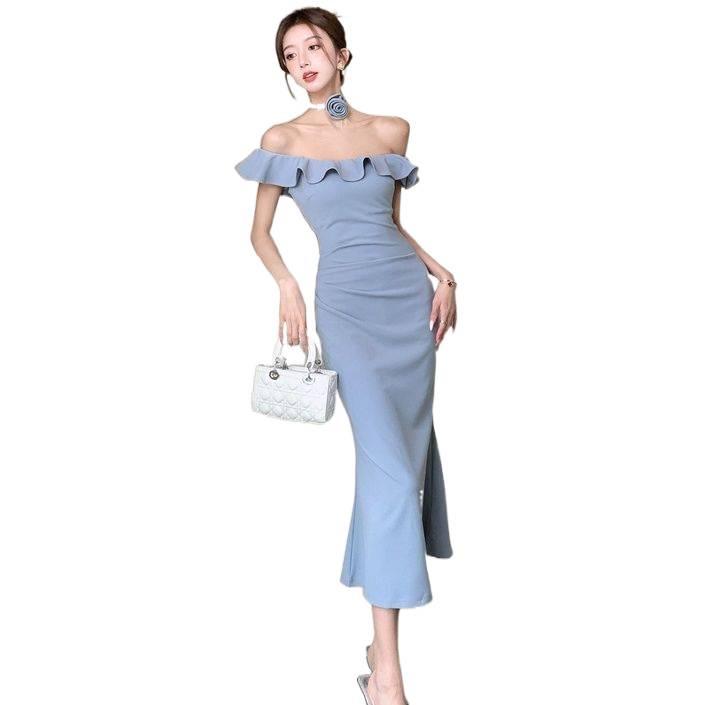Elegant French-Style One-Shoulder Summer Dress for Women - Slimming, Waist-Cinched, Long, Hip-Hugging Design