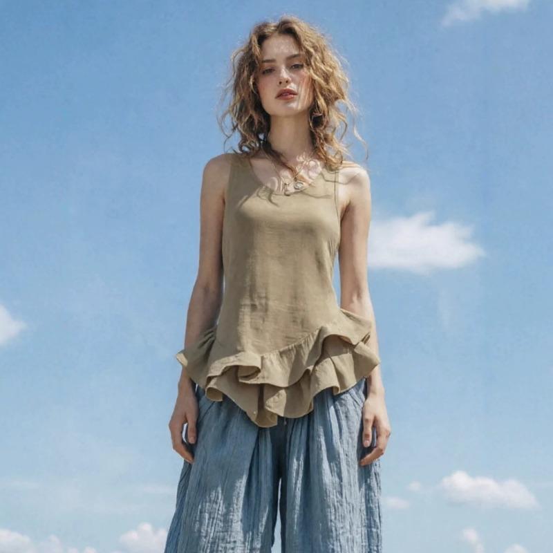 Women Ruffle Hem Tank Top Sleeveless Round Neck Casual Solid Color Flowy Peplum Blouse