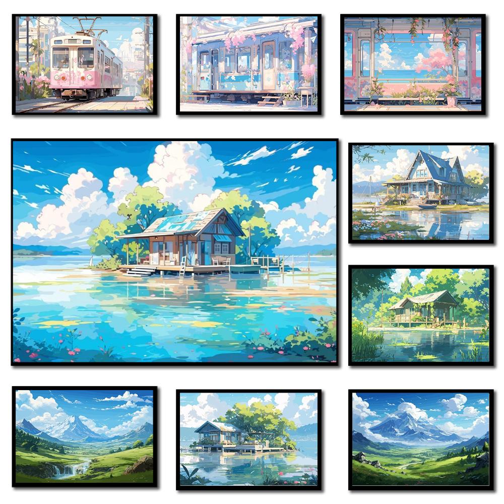 Aestheticism Anime Scenes Posters Sakura Tram Train Ocean View Prints Canvas Printing Wall Landscape Art Picture for Home Decor