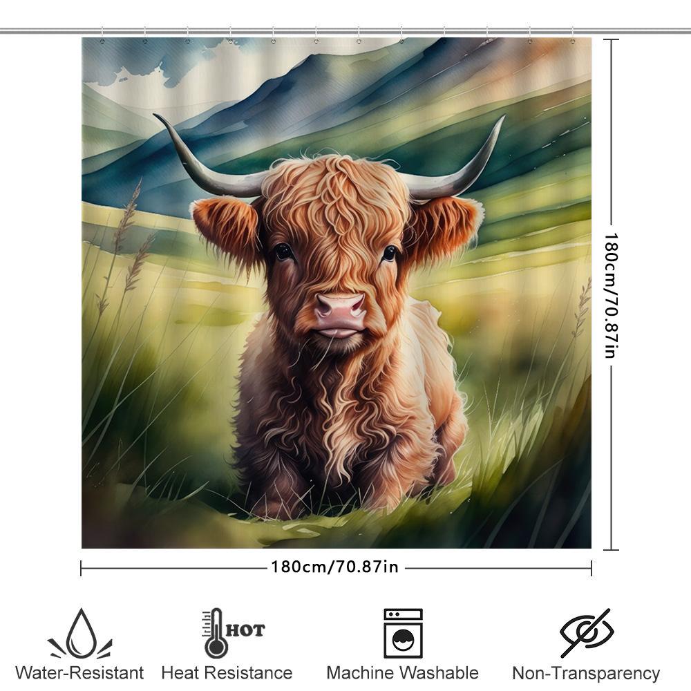 Farm Fresh Highland Cow Shower Curtain Soft Plush Waterproof Fabric with Hook Set for Bath Decor in Various Colors