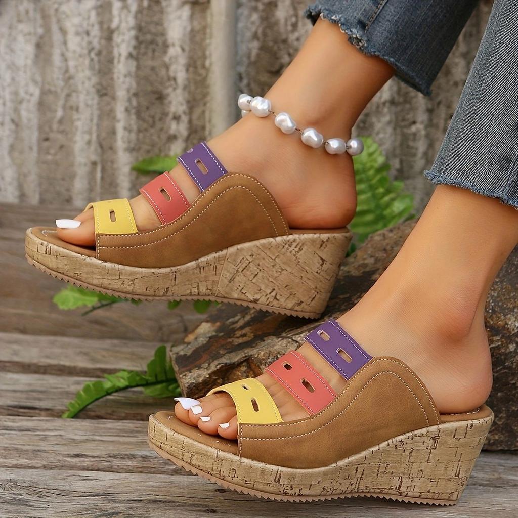 Women's Slope Heel Platform Slippers Summer Large Size High Heel Platform Color Matching Roman Style Beach Cool Slippers
