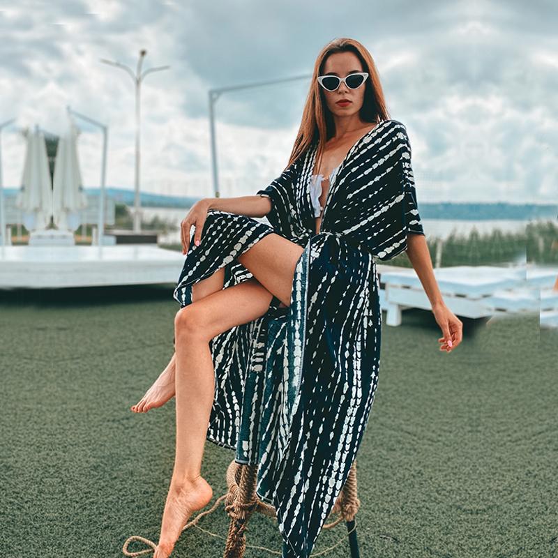 2022 Bikini Cover-ups Black Retro Striped Self Belted Plus Size WomenSummer Kimono Dress Beach Wear Swim Suit Cover Up Q1225