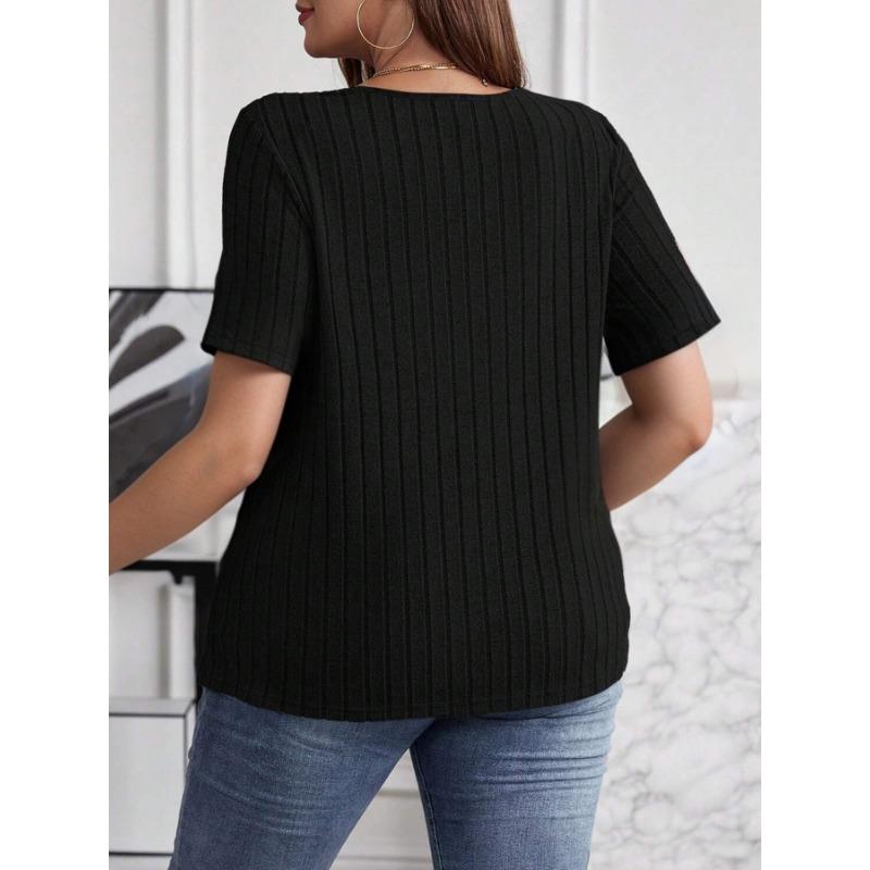 Women's Plus Size Solid Ribbed Knit Crisscross V Neck Short Sleeve Blouse