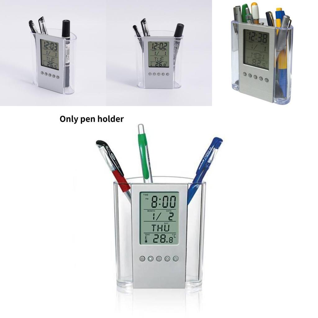 Creative Acrylic Office Pen Cup With Digital Date Clock And Multifunction Storage For Professionals
