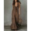 Women's Solid Color Sleeveless V-neck Linen Cotton Big Swing Dress, Spring Summer Casual Dress for European American