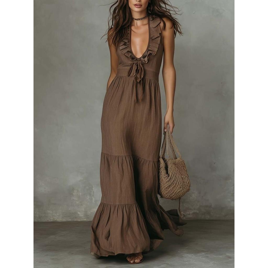 Women's Solid Color Sleeveless V-neck Linen Cotton Big Swing Dress, Spring Summer Casual Dress for European American