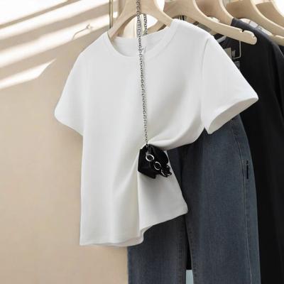 2025 New Shoulder Cotton Short Sleeve T-Shirt Women's White Top Bottom Shirt Spring Autumn Winter Summer