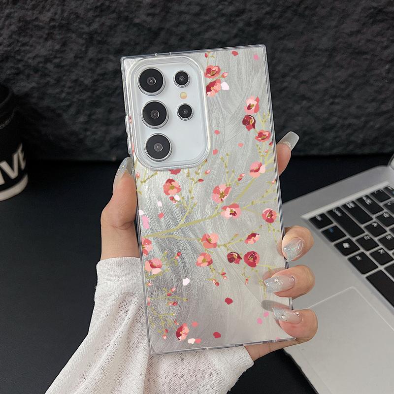 Red Floral Pattern Feather Sparkling Hard PC Slim Phone Case For Samsung S25 Ultra S24 FE S23 A36 A56 A16 A55 Glitter Shockproof TPU Soft Edge Cover
